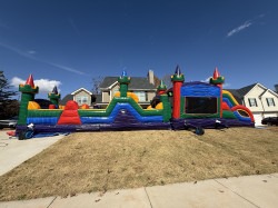 63 FT CASTLE CRUSADE OBSTACLE COURSE WITH BOUNCE HOUSE AND DUAL SLIDES (WET)